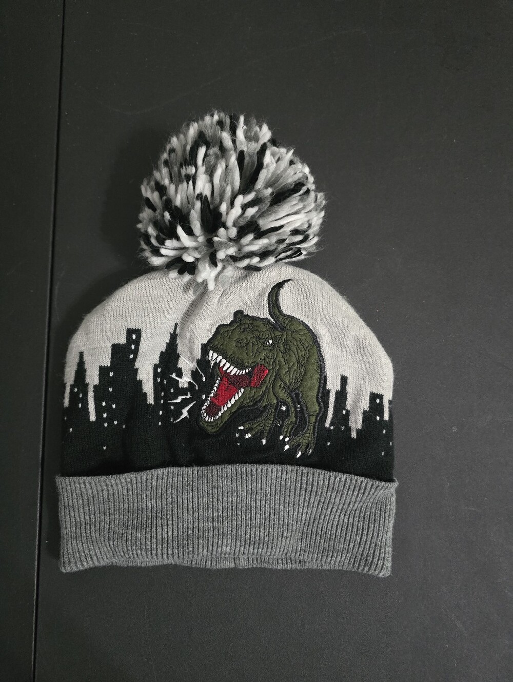 The Childrens Place Grey and Black Dino Pom Pom Beanie